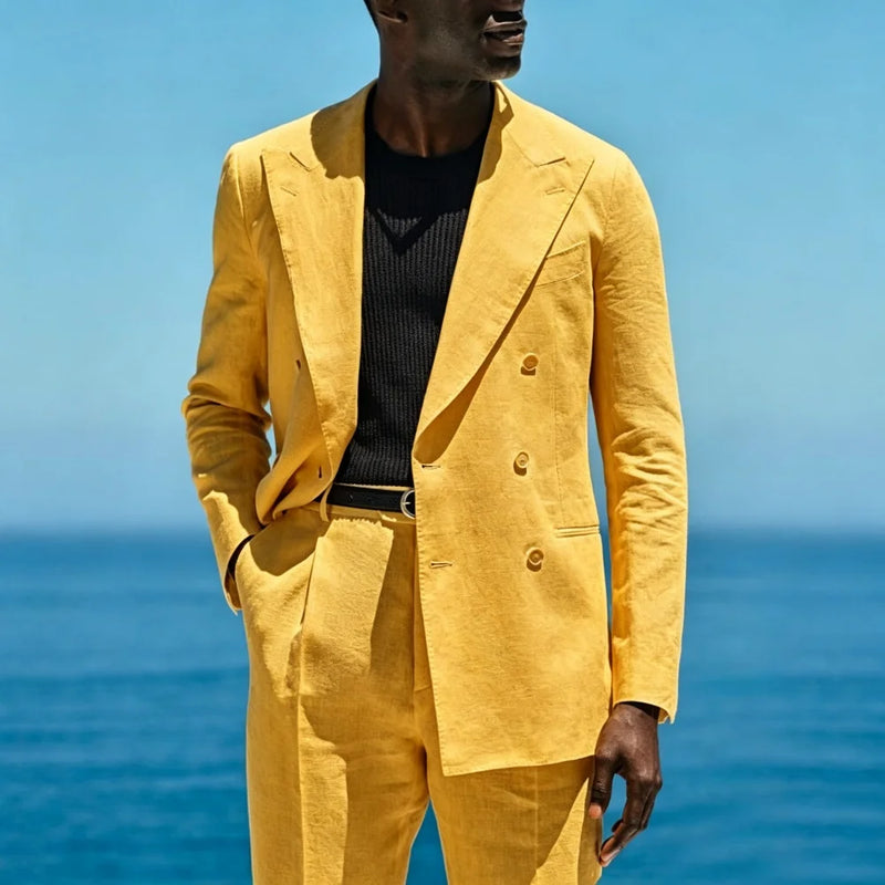 Summer Linen Double Breasted Men Suit Set Separates 2 Pieces Custom Jacket with Pants for Beach Wedding Groom Tuxedo 2026