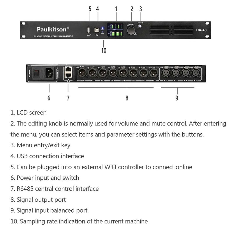 Paulkitson DA48 Professional Digital Audio Processor 4In 8Out DSP Audiophile Effect Equipment With FIR Speaker Management System