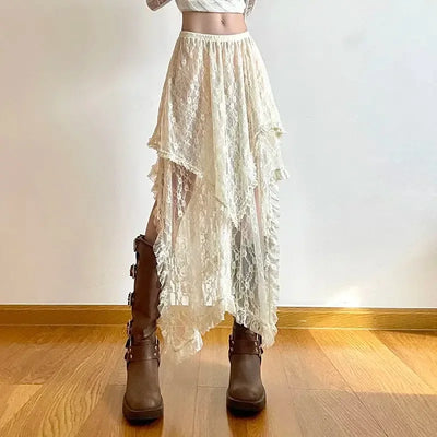 Lace Asymmetrical Skirt Fairycore Women Vintage Y2K Boho | SAMAG