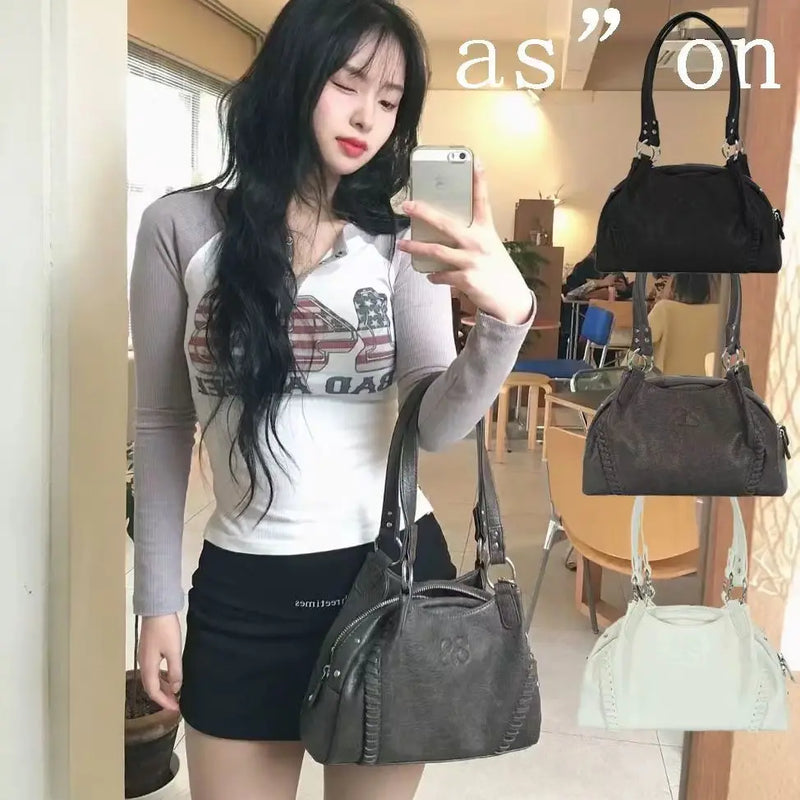 Korean Japan Ason Bag Street Style AS Leather Tote Handbag Large Capacity Motorcycle Wanderlust Mini Shoulder Bag Daily Use Bag