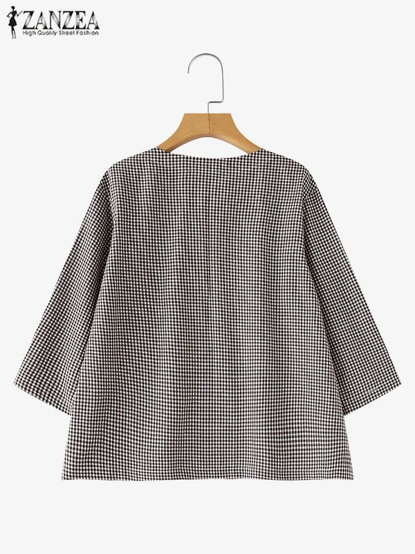 Casual Loose Women Blouse ZANZEA Summer Round Neck Shirt - View 3 | SAMAG
