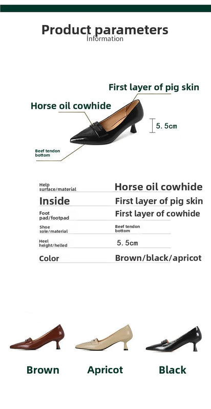 style new apricot high heels thin heel cowhide kitten heel middle mouth one pedal pointed single shoes women's super large size