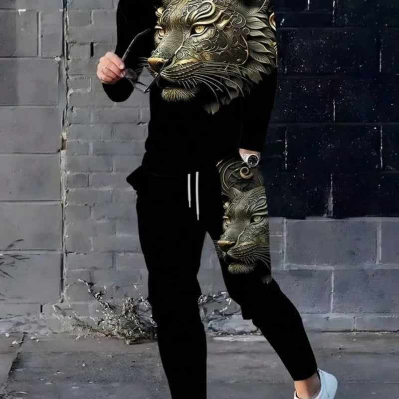 Fashionable men's summer new cool lion print comfortable and breathable round neck long pants set outdoor - View 5 | SAMAG