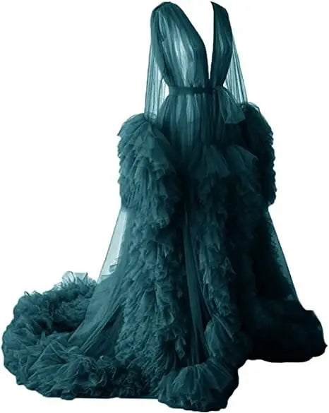 Women's Dressing Gown Perspective Sheer Long Tulle Robe Puffy Pregnancy Maternity Dress for Baby Shower Nightgown Sleepwear