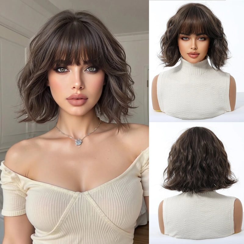 Short Silver Gray Curly Wavy Synthetic Wigs with Bangs for Women Grey Bob Cosplay Party Lolita Natural Hair Wig Heat Resistant