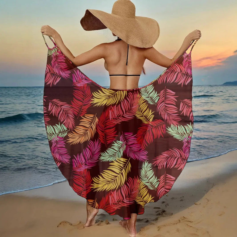 Summer Beach Cover-Ups Sexy Women Leaves Print Wrap Dress Sun Protection Bikini Cover Up Sarongs Female Bathing Suit Swimwears