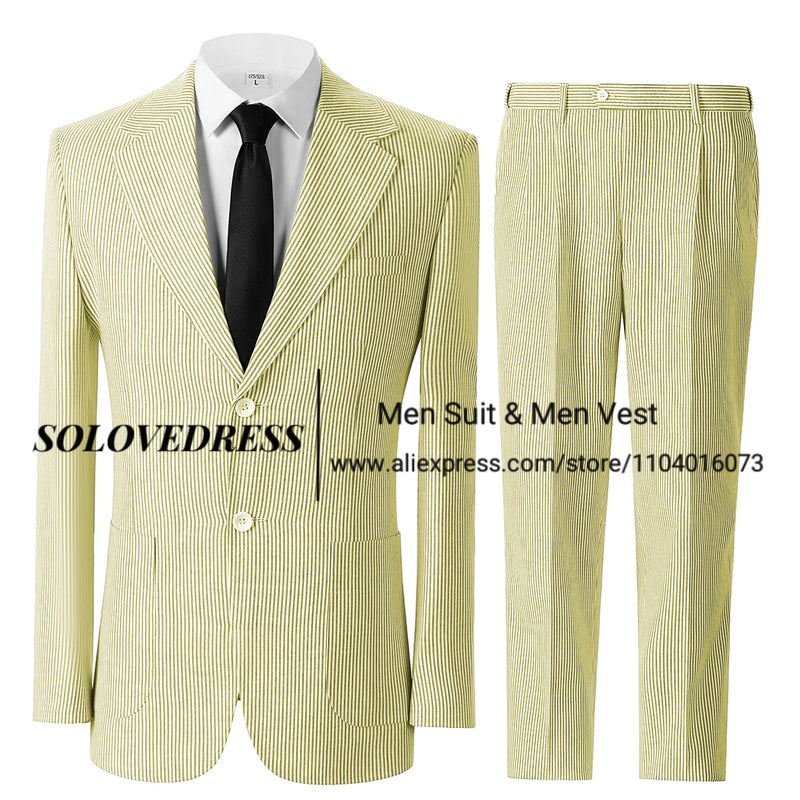 Men's Seersucker Striped Suits 2 Piece Slim Fit Summer Casual Pinstripe Suit for Men Wedding Grooms Blazer Jacket Pants Sets
