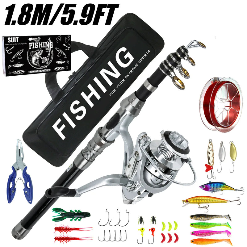 Telescopic Fishing Rod Spinning Reel Combo Full Set Portable Carry Bag Simulation Lures Hooks Line Plier For Saltwater Freshwate