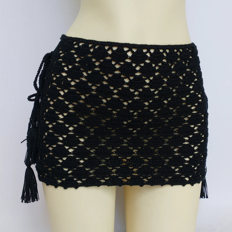 High Quality Bikini Cover Up Mini Skirt Beach Skirt Hollow Out Tassel Bandage Short Beach Skirt Cover-Ups 100% Handmade