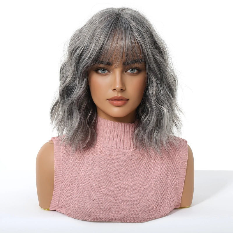 Short Silver Gray Curly Wavy Synthetic Wigs with Bangs for Women Grey Bob Cosplay Party Lolita Natural Hair Wig Heat Resistant