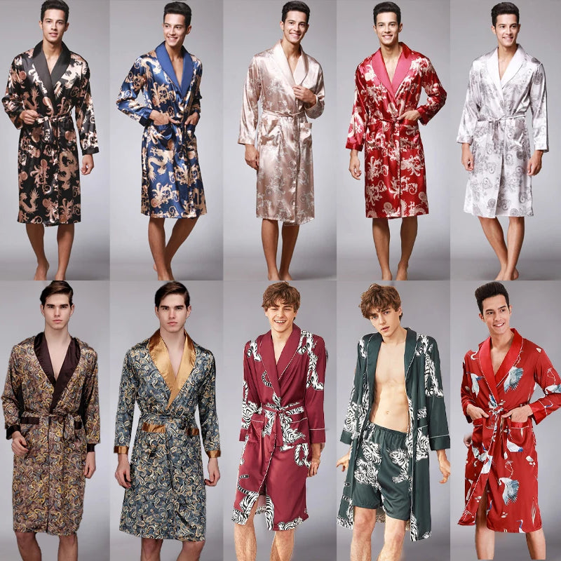Traditional Japanese KIMONO Fashion YUKATA Oriental Gold Dragons Pattern Bathrobe Summer Men Ice Silk Robes Pajamas  Sleepwear