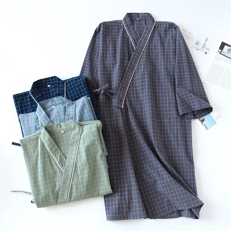 KIDWHXR Man Summer Sleepwear Robe Japanese Plaid Lace-up Male Kimono Pajama Robe Loose Comfortable Mid Length Robe for Men