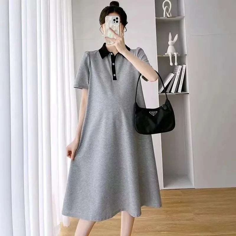 Somenie Summer Maternity Short Sleeve Dress Lapel Collar Casual Pregnant Women Daily Wear Outfit