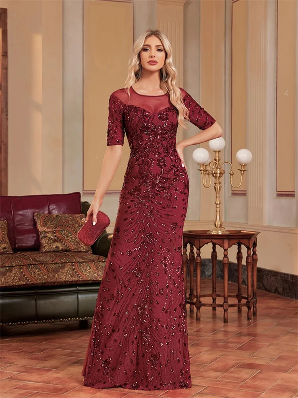 Luxury O-Neck Tulle Sequin Formal Evening Dress Women | SAMAG