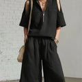Women Fashion Zipper Stand Collar Hollow Short-sleeved Shirt Shorts 2-piece Set Summer Casual Loose Wide-leg Pocket Shorts Suit