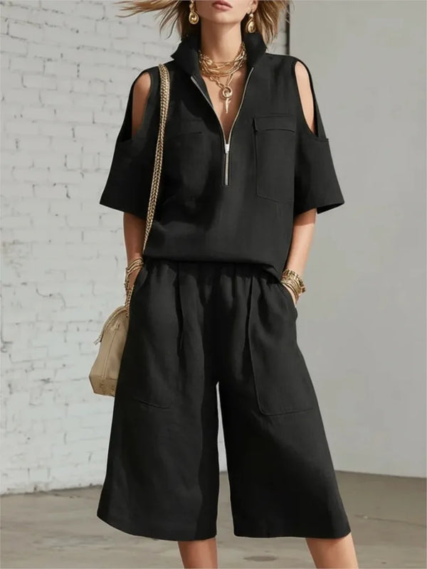 Women Fashion Zipper Stand Collar Hollow Short-sleeved Shirt Shorts 2-piece Set Summer Casual Loose Wide-leg Pocket Shorts Suit