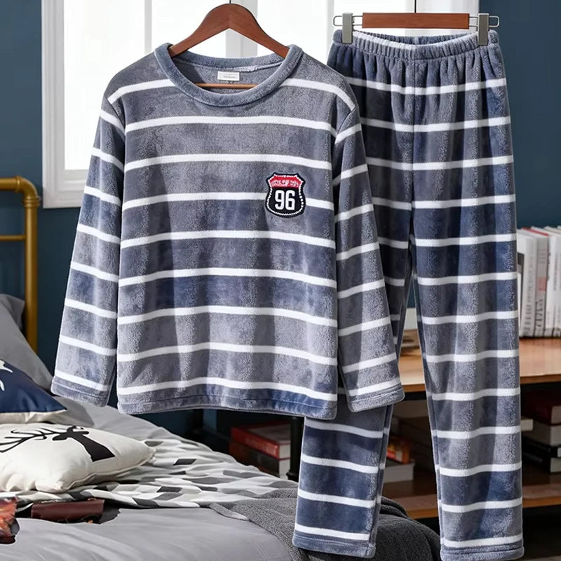 Autumn and Winter Men's Pajamas Simple Casua Homewear Sleepwear Warm Coral Fleece Nightwear Plus Size Dinosaur and Bear Pattern