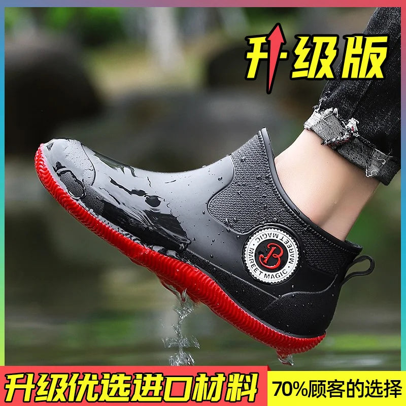 Men's Winter Fleece Lined Short Rain Boots Waterproof Non Slip Work Safety Rubber Boots Warm Cotton Shoes Kitchen Work Shoes