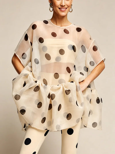 LIMO Women Sheer Organza Polka Dot Blouse Loose Short | SAMAG