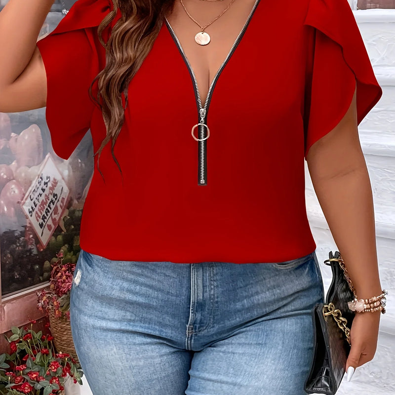Plus Size Summer Women Elegant Zipper Chiffon Blouses - View 3 | SAMAG