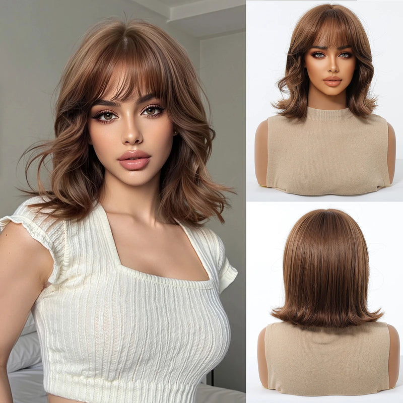 Short Silver Gray Curly Wavy Synthetic Wigs with Bangs for Women Grey Bob Cosplay Party Lolita Natural Hair Wig Heat Resistant