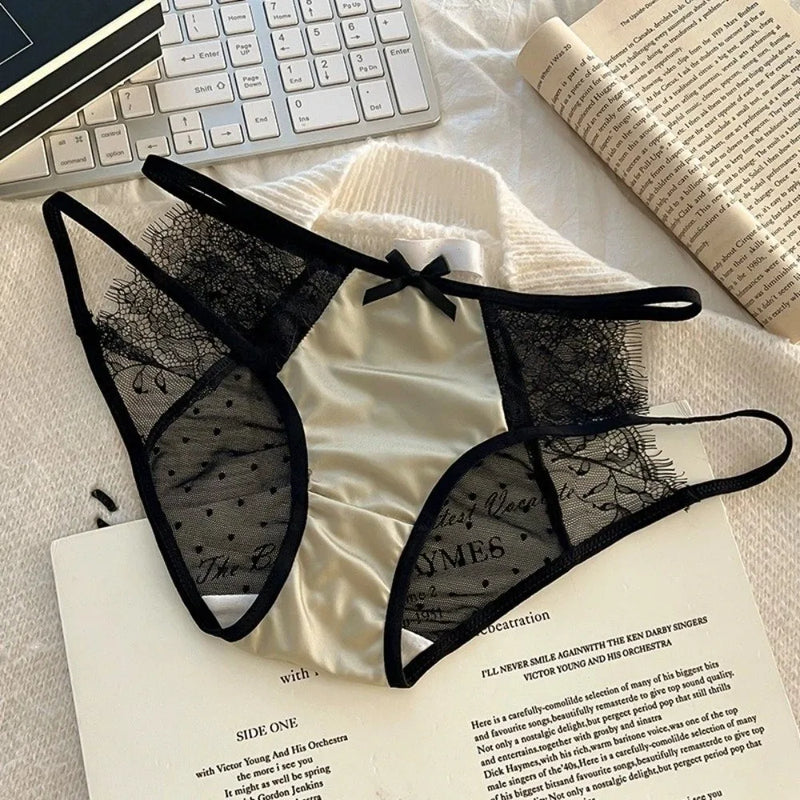 Lingerie Low Waist Underwear for Women Bow Transparent Sweet Lace Panties Hollow Mesh Satin Silk Briefs Girl