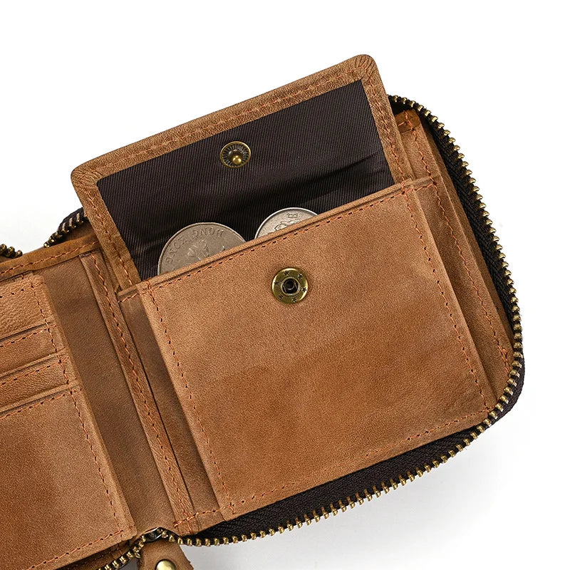 Men Crazy horse Genuine Leather Coin Wallet Real Leather Snap Short Purse Women Coin Pocket Zip Around Small Trifold Pocket