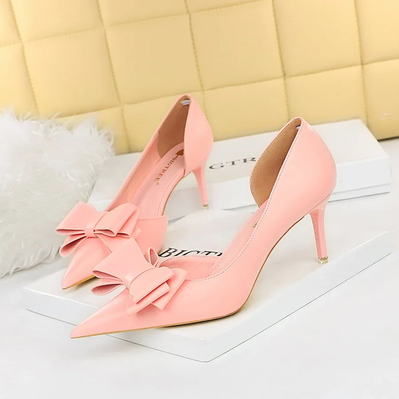 Korean Fashion Women's Shoes Wedding Bow High Heels Stiletto Heels Shallow Pointed Head Side Empty Thin Shoes