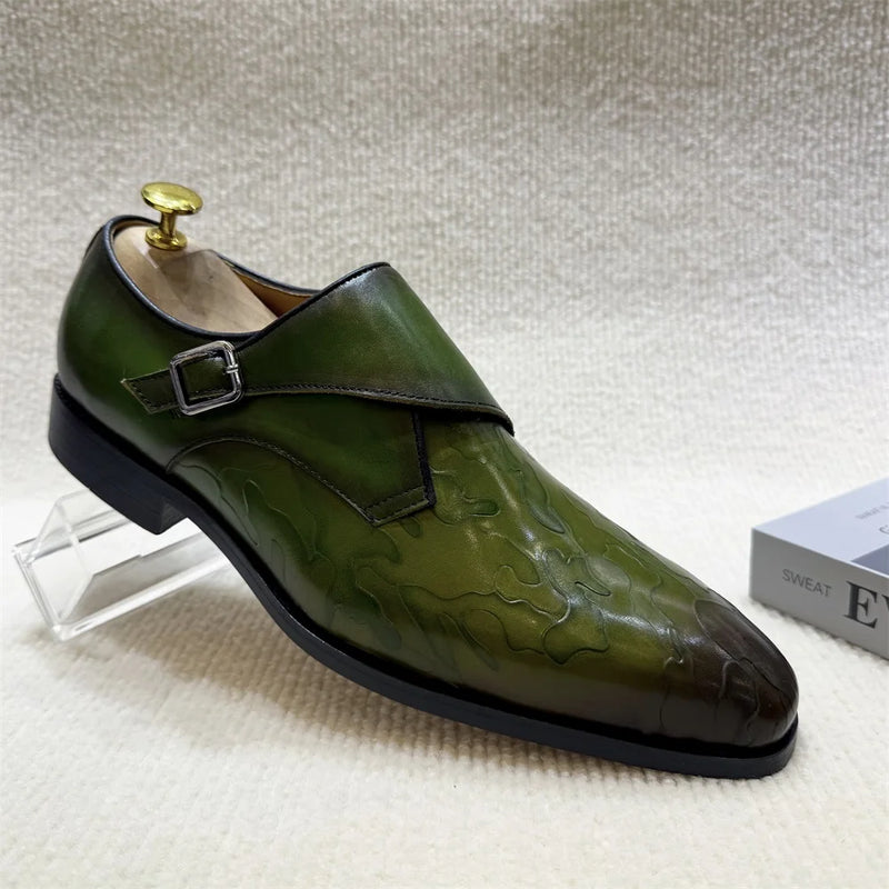 British Style Calfskin Monk Shoes Men's Loafers Green Slip-on Formal Party Shoes Men's Buckled Suit Dress Shoes
