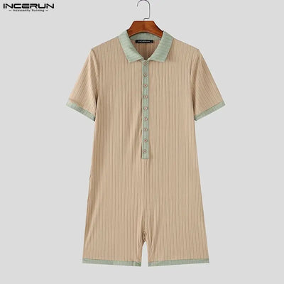 INCERUN Men's Bodysuits Patchwork Lapel Short Sleeve | SAMAG