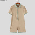 INCERUN Men's Bodysuits Patchwork Lapel Short Sleeve Button Male Rompers Playsuits Knitted Summer 2026 Casual Bodysuit For Man