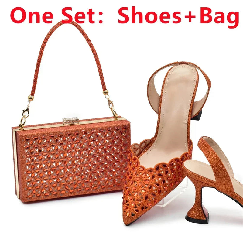 New Arrival Nigeria Women Designer Shoes and Bags Decorated with Rhinestone Wedding Italian Shoes Bag Set Pumps Women Luxury