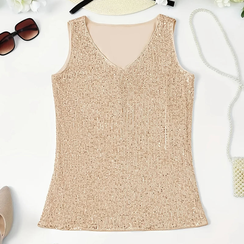 Sequined V-Neck Vest, Elegant and Sexy Sleeveless Top, Suitable for Summer and Spring, Women's Clothing