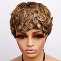 613 Honey Blonde Curly Pixie Cut Wig 100% Human Hair with Bangs Short Curly Human Hair Wigs for Women Machine Made