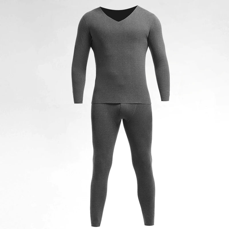 Men's Thermal Underwear Set, Fleece-Lined and Thickened, Basic Seamless Cotton Base Layer Top and Bottom for Autumn and Winter