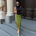 Elegant Pu Leather Jacket Skirt Suit Women Solid Full Sleeve Lapel Single Breasted Jackets Long Split Skirts Fashion Autumn Set