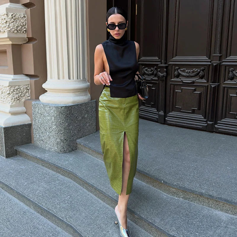 Elegant Pu Leather Jacket Skirt Suit Women Solid Full Sleeve Lapel Single Breasted Jackets Long Split Skirts Fashion Autumn Set