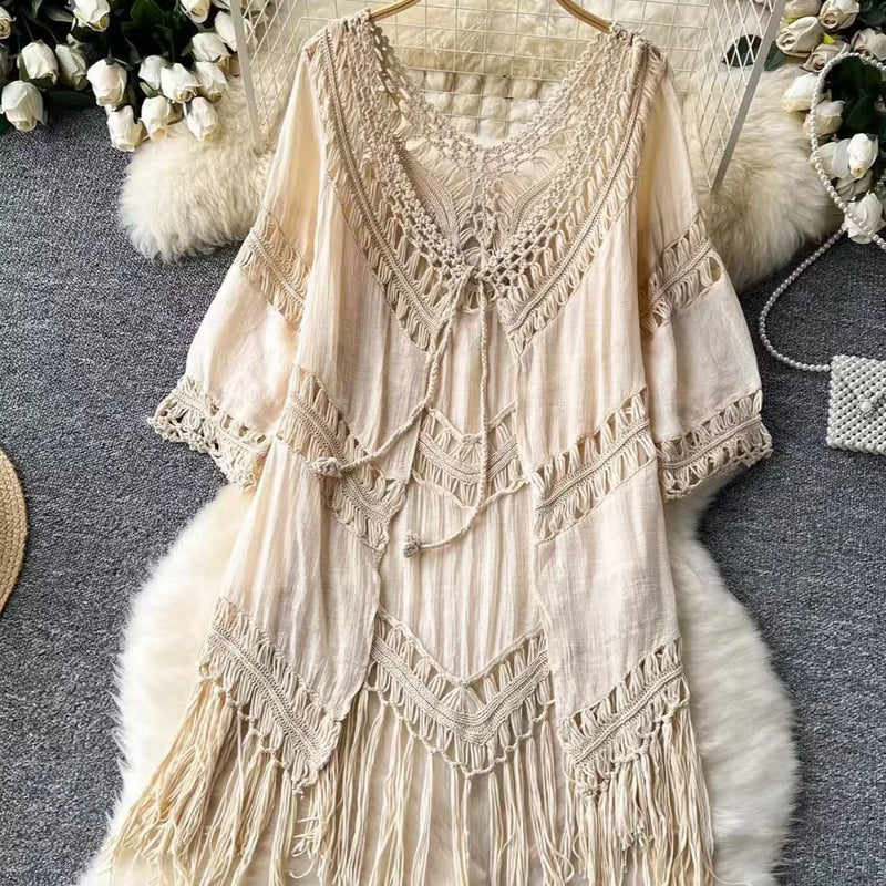 Boho Bikini Cover-up for Women Summer Hand-crochet Tassel Fringe Knitted Hollow-out V-neck Long Beach Robe