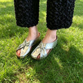 Women's Soft Leather Silver Bow Mules, Round Toe Soft Sole Slip-Ons, Wide & Chubby Feet Friendly, Casual All-Match Slide Sandals