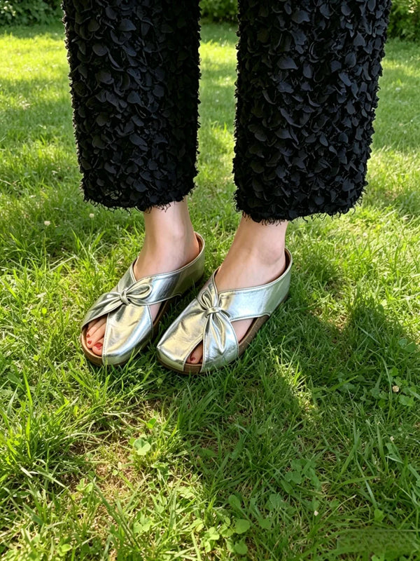 Women's Soft Leather Silver Bow Mules, Round Toe Soft Sole Slip-Ons, Wide & Chubby Feet Friendly, Casual All-Match Slide Sandals