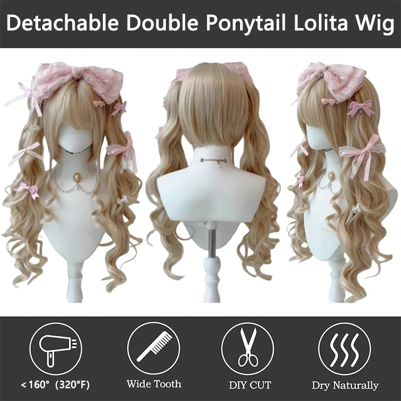 Blonde Pigtail Wig Long Curly Sweet Lolita Wigs with Bangs Heat Resistant Synthetic Hair For Women Halloween Cosplay Party Daily