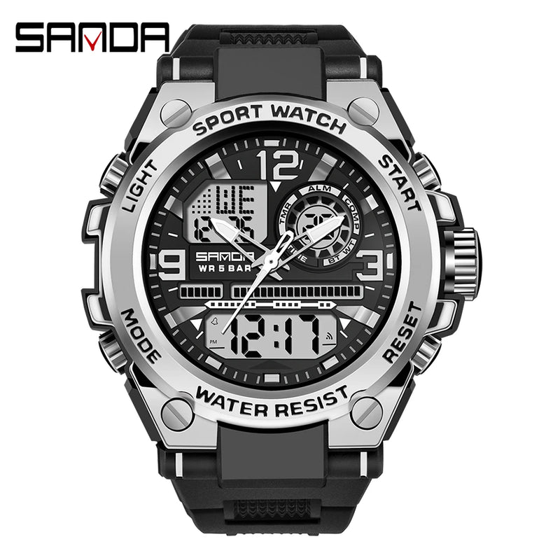 SANDA 6024 Men Sports Quartz Watches Dual Display LED Electronic Digital Wristwatches Waterproof Watch Relogios Masculino