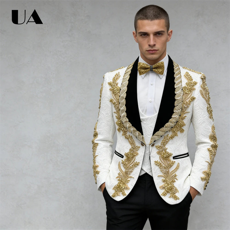ULBYANRY Jacquard 3-Pieces Suit Including Jacket Vest Pants Suit Attires Luxury Handmade Men's Suit Set with Gold Rhinestones