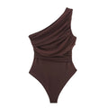 Summer Asymmetric Sleeveless Pleated Silk Mesh Bodysuit Women Single Shoulder Slim Fit Jumpsuit Female Beach Holidays Wear 2026