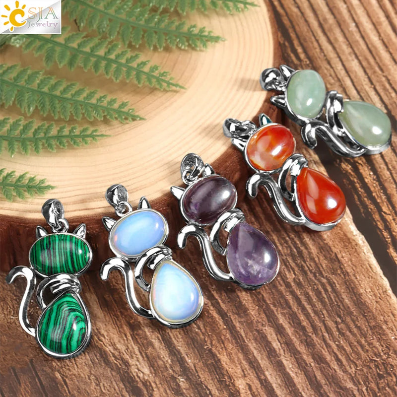 Natural Stone Pendant Cute Cat Pendants Suspension for Girl Amethyst Tiger Eye Green Aventurine Pink Crystal Cat Jewelry F072