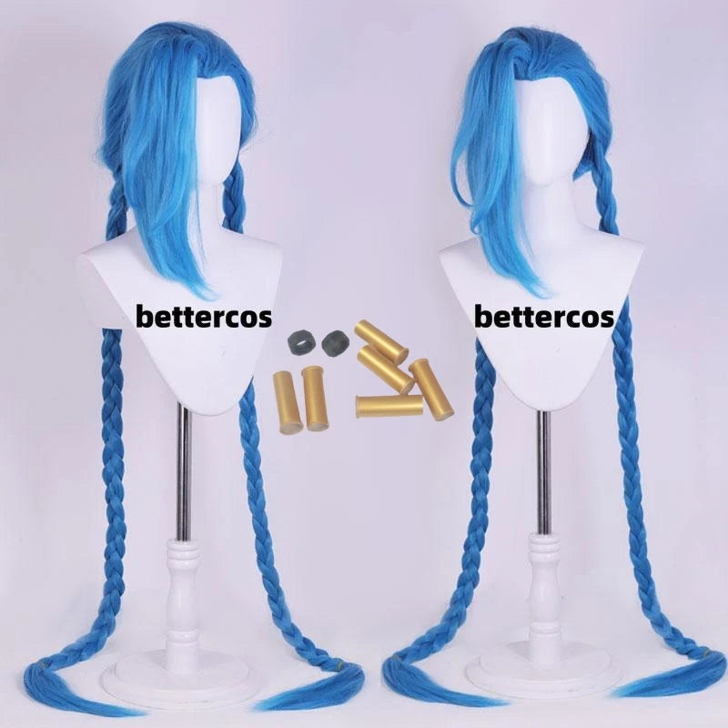 LOL Jinx Cosplay Wig Long Braided Blue The Loose Cannon Wig Braid Heat Resistant Synthetic Hair Anime Wigs + WigCap