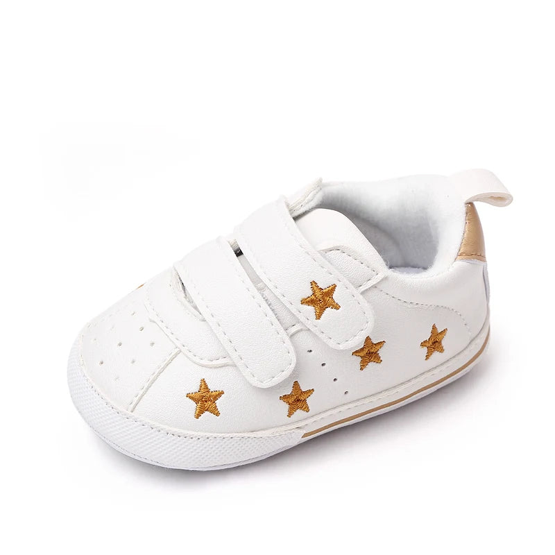 Baby White PU Sneaker Non-slip for Toddler Boys and Girls Cute Embroidery Stars and Hearts