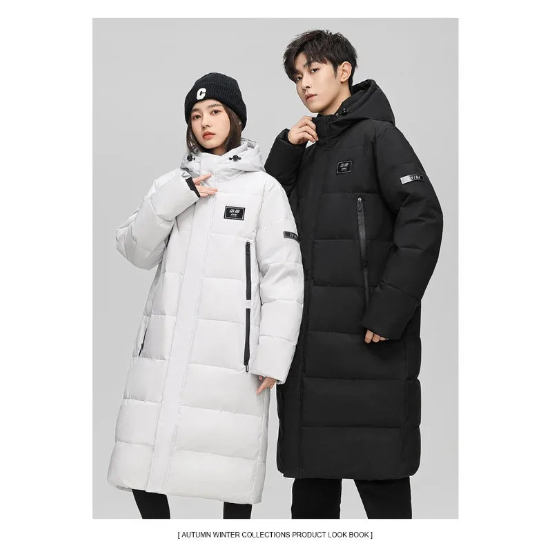 Fashionable White Duck Down Jackets Suitable Both Men  Women in Winter Long Knee-length Cotton-padded Jackets with Thick Hooded