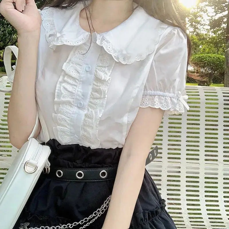 Deeptown Kawaii Lolita Blouses White Women Cute Lace Tops - View 6 | SAMAG