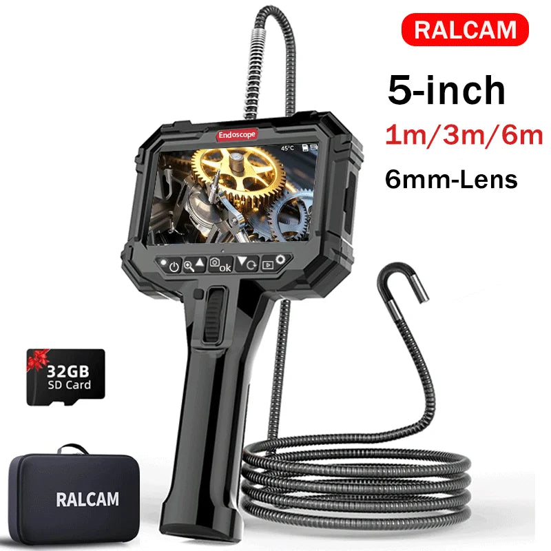 Ralcam  Endoscope Camera with 210° Movable Head, 6.2 mm Probe, 5 Inch HD Screen IP67 Inspection Camera， for Car and Home
